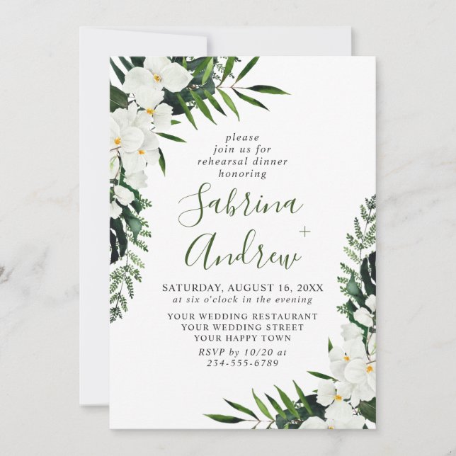 Invitación Elegante orquídeas blancas para la cena de REFUERZ (Anverso)