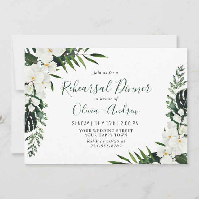 Invitación Elegante orquídeas blancas para la cena de REFUERZ (Anverso)
