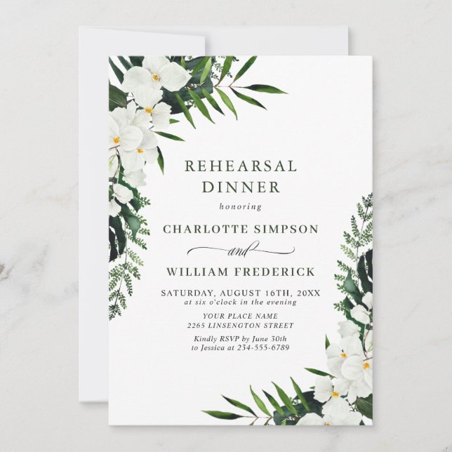 Invitación Elegante orquídeas blancas para la cena de REFUERZ (Anverso)