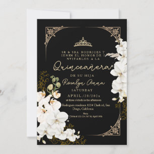 Invitación Elegante Orquídeas Florales Negras Princesa Quince