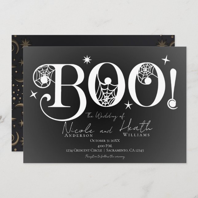 Invitación Elegante oscuro BOO Boda blanco negro de Halloween (Anverso / Reverso)