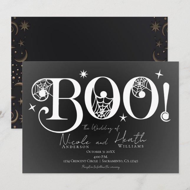 Invitación Elegante Oscuro BOO Negro Blanco Boda de Halloween (Anverso / Reverso)