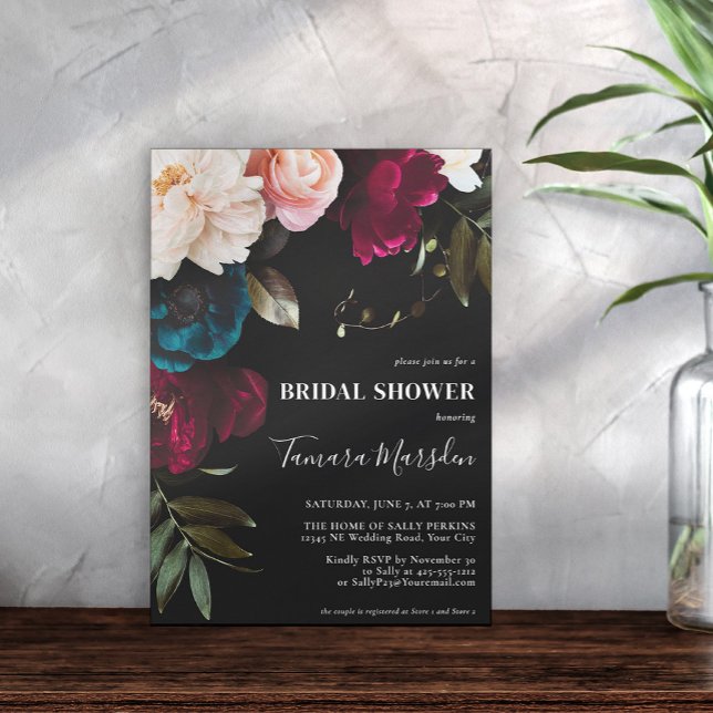 Invitación Elegante oscuro Burgundy Azul Rubor Floral Negro (Subido por el creador)