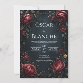 Invitación Elegante Oscuro Naval Burgundy Floral Dorado Boda