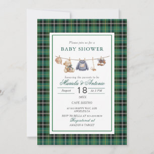 Invitación Elegante osito de peluche de cuadros en acuarela v