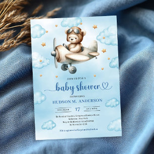Invitación Elegante Oso de Peluche Piloto Azul Marrón para Ba