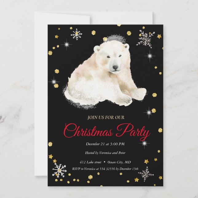 Invitación Elegante oso Oso Polar Negro , Navidades de cuadro (Anverso)