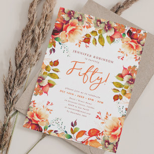 Invitación Elegante otoño acuarela floral de otoño 50 cumplea