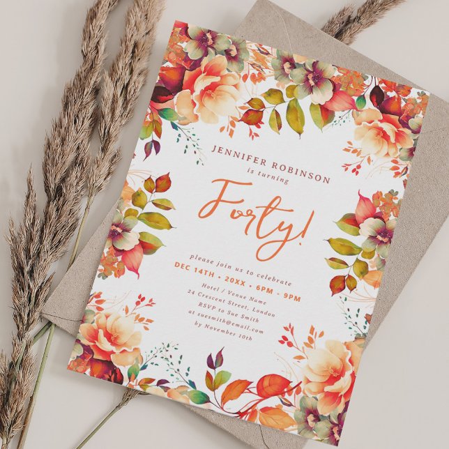 Invitación Elegante otoño acuático Floral 40 cumpleaños otoño (Elegant Fall Autumn Watercolor Floral 40 Birthday Invitation)