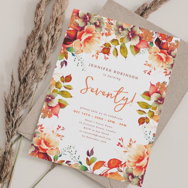 Invitación Elegante otoño acuático Floral 70 cumpleaños otoño (Elegant Fall Autumn Watercolor Floral 70 Birthday Invitation)