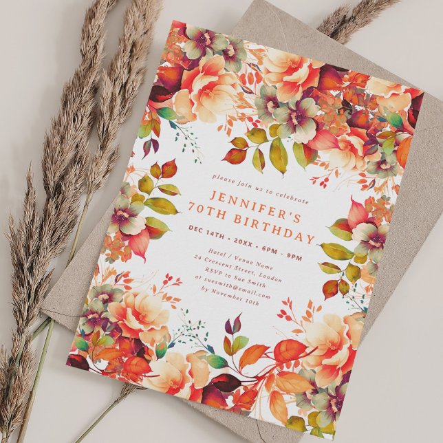 Invitación Elegante otoño acuático Floral 70 cumpleaños otoño (Elegant Fall Autumn Watercolor Floral 70 Birthday Invitation)