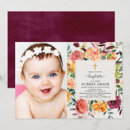 Invitación Elegante otoño borgoña bautismo floral foto