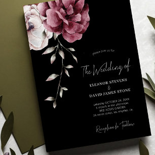 Invitación Elegante otoño burgundy floral moody boda negro