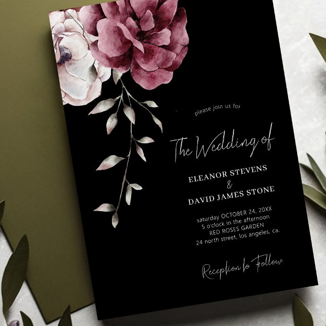 Invitación Elegante otoño burgundy floral moody boda negro (Subido por el creador)