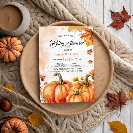Invitación Elegante Otoño Calabaza Acuarela Hojas Doradas Beb