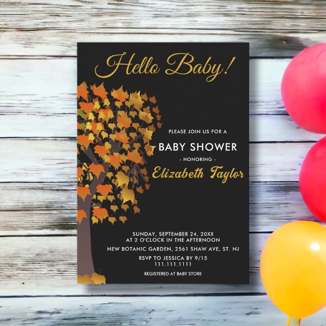 Invitación Elegante otoño deja árbol Baby Shower blanco negro (Subido por el creador)