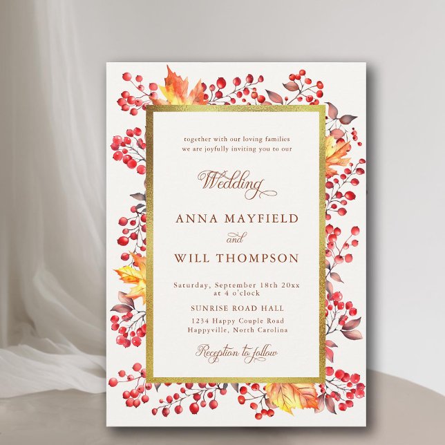 Invitación Elegante otoño deja Boda de marco dorado de las Be (fall leaves botanical red berries gold frame modern romantic elegant rustic boho wedding invitation)