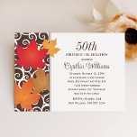 Invitación Elegante otoño deja la celebración del cumpleaños<br><div class="desc">Las invitaciones formales y elegantes para la celebración de cumpleaños con temática de otoño presentan un patrón de borde de giratorias y hojas de arce. Los ricos colores otoñales incluyen naranja, rojo, cobre, oro, marrón chocolate y marfil. Mientras que la plantilla está configurada para un cumpleaños número 50, esto se...</div>