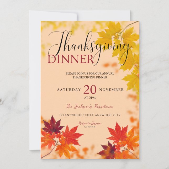 Invitación Elegante otoño deja la cena de Acción de Gracias (Anverso)
