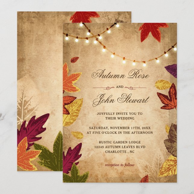 Invitación Elegante otoño deja una boda de otoño rústica (Anverso / Reverso)