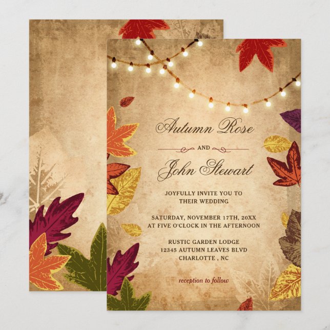 Invitación Elegante otoño deja una boda de otoño rústica (Anverso / Reverso)
