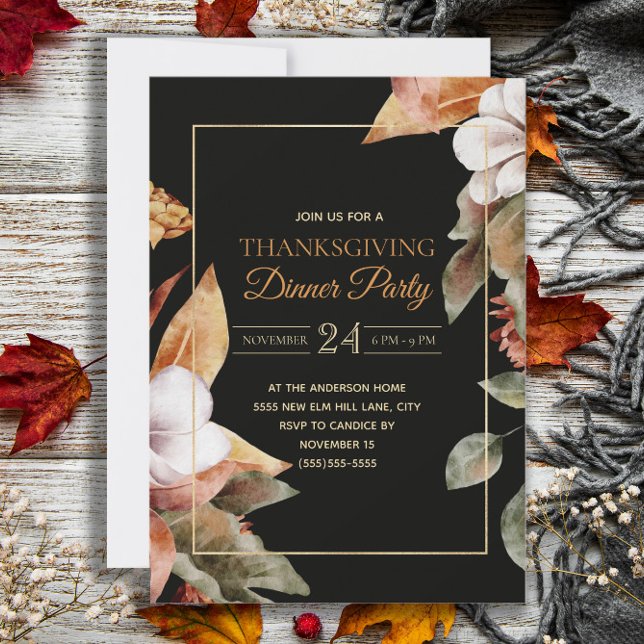 Invitación Elegante otoño deja una cena de Acción de Gracias  (Elegant black Thanksgiving dinner party invitation)