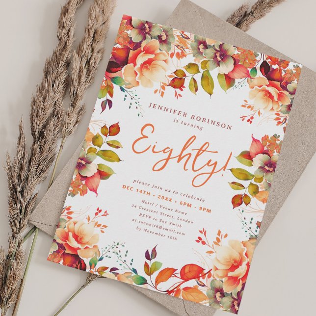 Invitación Elegante otoño floral acuarela 80 cumpleaños  (Elegant Fall Autumn Watercolor Floral 80 Birthday Invitation)