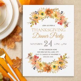 Invitación Elegante Otono Hojas Florales Cena de Acción de Gr