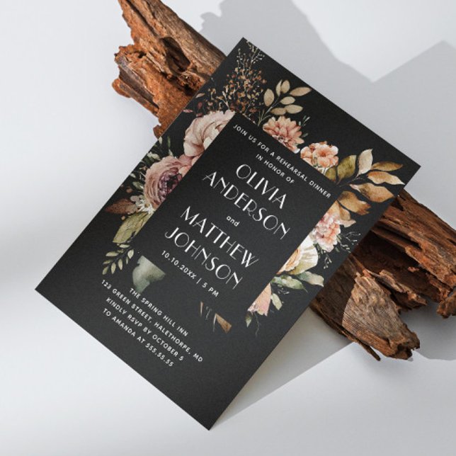 Invitación Elegante otoño negro floral boda ensayo cena (Subido por el creador)