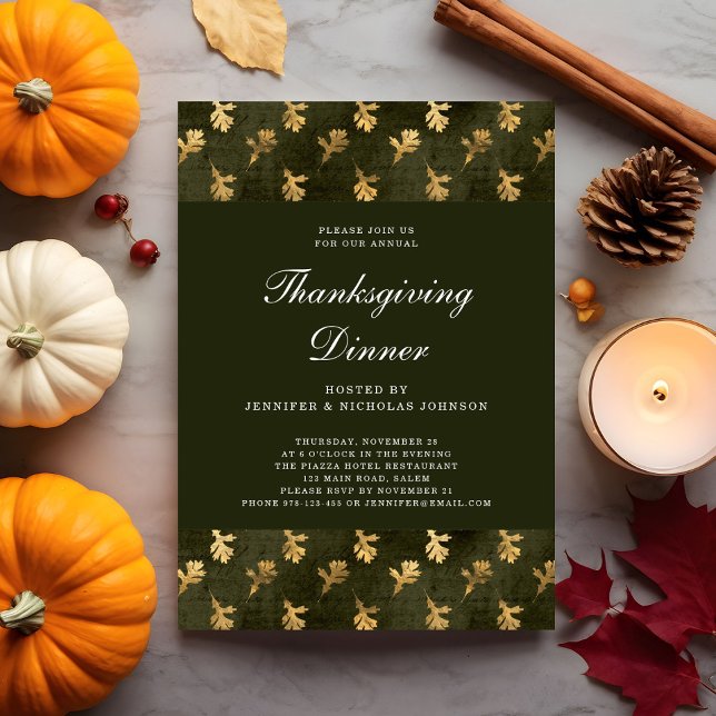 Invitación Elegante otoño verde deja cena de Acción de Gracia (Elegant Green Fall Leaves Thanksgiving Dinner Invitation)