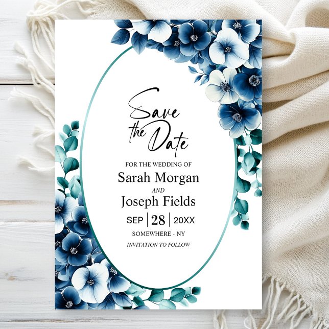Invitación Elegante óvalo floral azul salva la fecha (Subido por el creador)