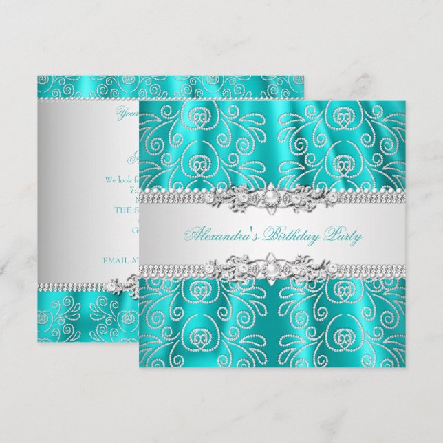 Invitación Elegante Overlay de Encaje Plateado Turquesa con D (Anverso / Reverso)
