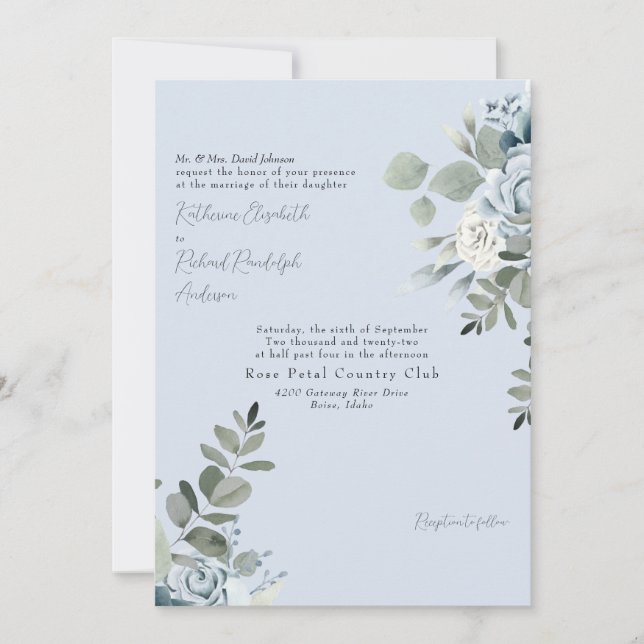 Invitación Elegante padre de novia con flores azules (Anverso)