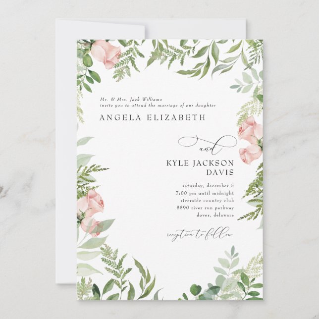 Invitación Elegante Padres de Novia Rosa/Rubor Floral Eucalyp (Anverso)