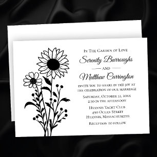 Invitación Elegante País Floral Flores Boda Blanco Negro