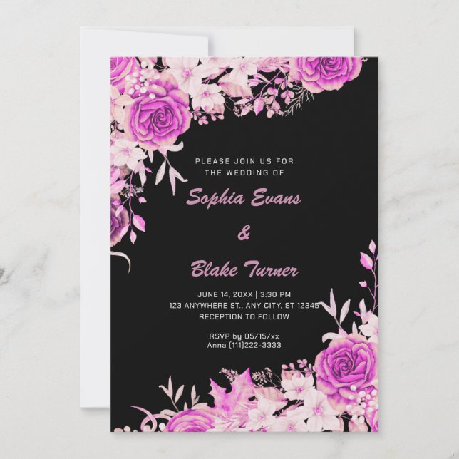 Invitación Elegante país rosa Roses negro Boda (Anverso)