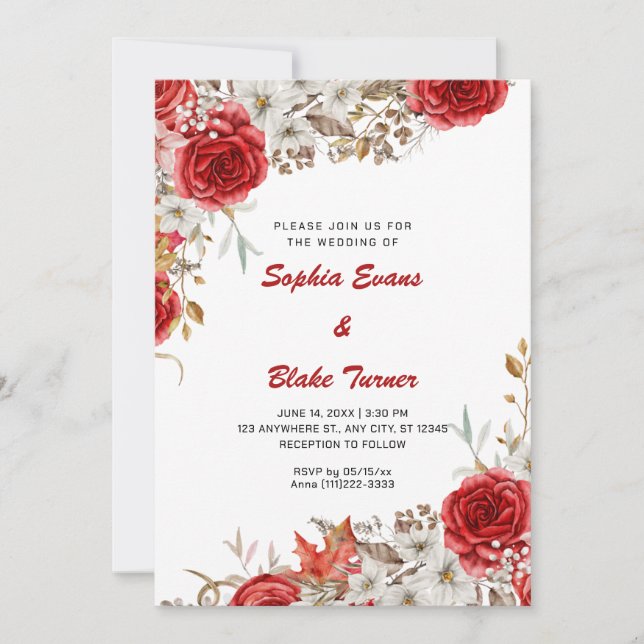 Invitación Elegante País Roses Rojos Cae Boda Blanco (Anverso)