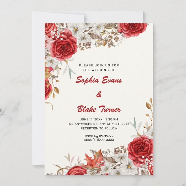 Invitación Elegante País Roses Rojos Cae Boda Crema Blanca (Anverso)