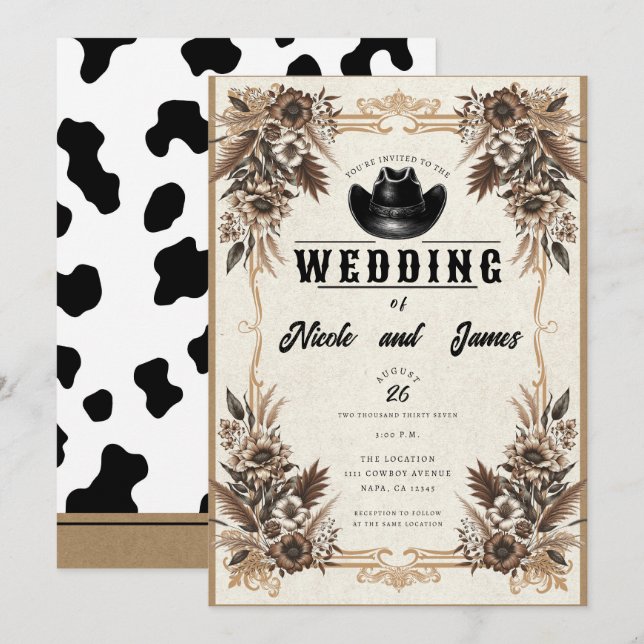 Invitación Elegante País Vaquero Occidental Gorra Boda Floral (Anverso / Reverso)