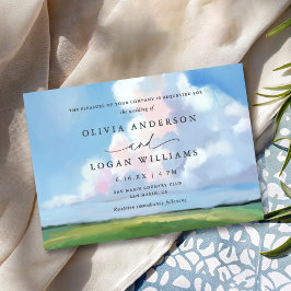 Invitación Elegante Paisaje Pintado Cielo Azul Nubes Boda