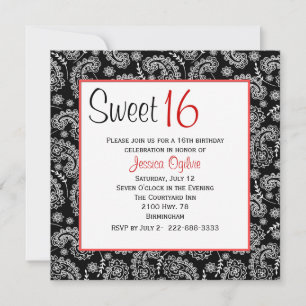 Invitación Elegante paisley blanco y negro dulce 16 cumpleaño