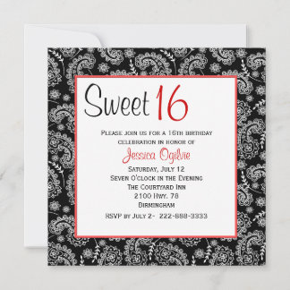 Invitación Elegante paisley blanco y negro dulce 16 cumpleaño