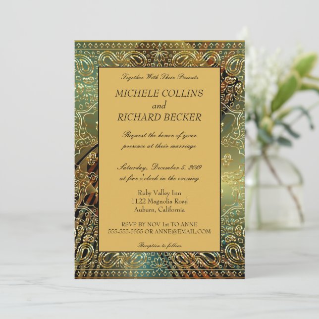 Invitación Elegante Paisley Dorado (Anverso de pie)