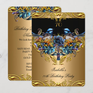 Invitación Elegante pájaro azul dorado negro 70 cumpleaños