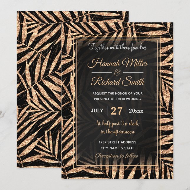 Invitación Elegante Palm Tropical Oro deja diseño negro (Anverso / Reverso)