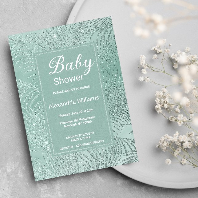 Invitación Elegante palma verde purpurina Baby Shower (Elegant mint green glitter palm tree Baby Shower)