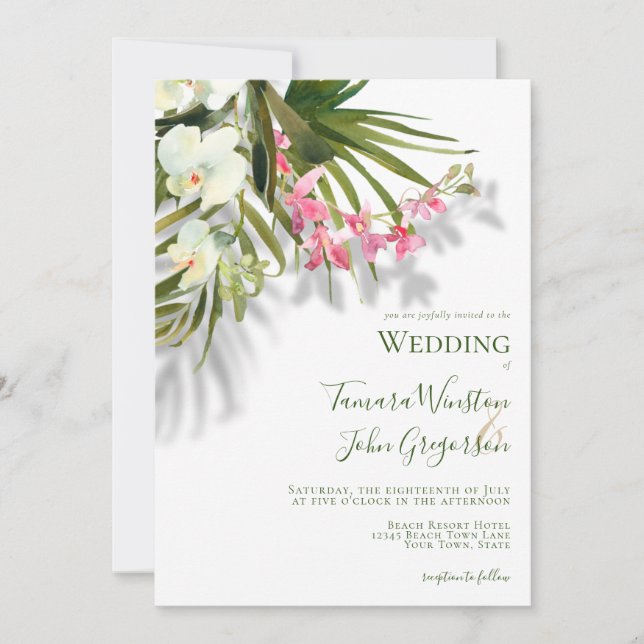 Invitación Elegante palmas de flores rosadas sombras boda de  (Anverso)