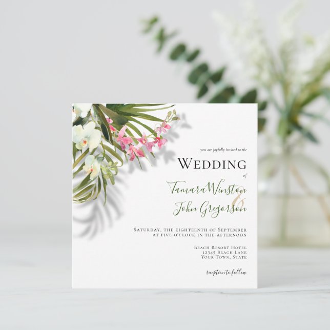 Invitación Elegante palmas de flores rosadas sombras boda de  (Anverso de pie)