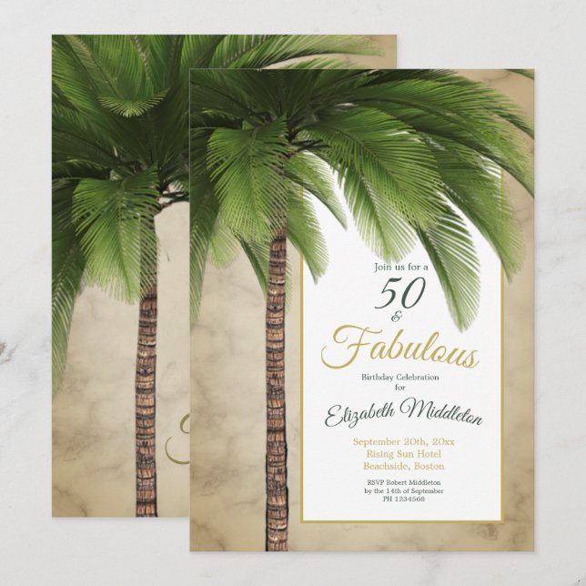 Invitación Elegante palmera 50 y fabuloso cumpleaños moderno (Anverso / Reverso)