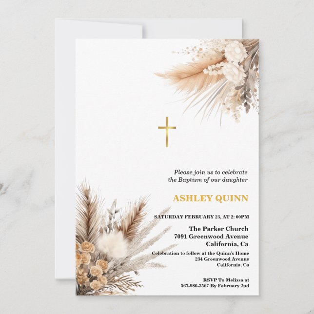 Invitación Elegante pampas cruza el bautismo y la cristiandad (Anverso)